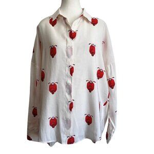 VILA GALLO IVORY WHITE RED NOVELTY PRINT BUTTON DOWN SHIRT -  L